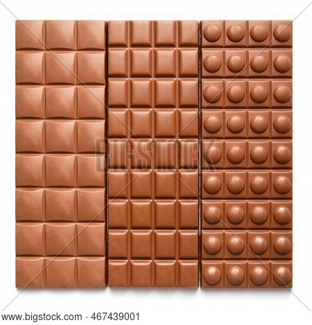 Three Different Chocolate Bars On A White Background. Long Different Chocolate On Top View Isolated