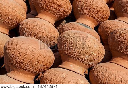 Row Of Clay Pots In Myanmar. Traditional Burmese Clay Pots. Closeup View.
