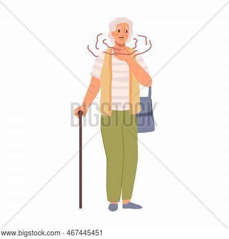 Pain In Neck Of Pensioner With Walking Stick. Isolated Elderly Woman With Neckache. Old Personage Wi