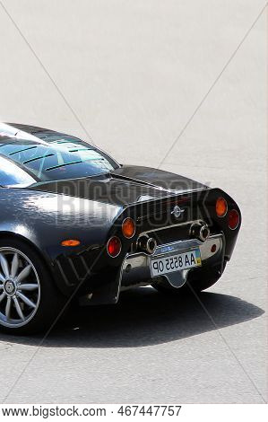Kiev, Ukraine - June 19, 2021: Spyker C8 Laviolette. Black Luxury Supercar Spyker On The Road