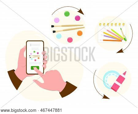 Vector Illustration Person Makes Order And Purchases Of Stationery For School By Cell Phone. Select 