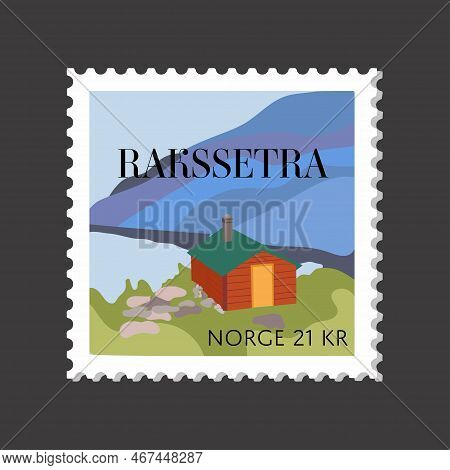 Lofoten Islands Norway Landscape Postage Stamp. Modern House In Mountains In Nordic Country Vector I