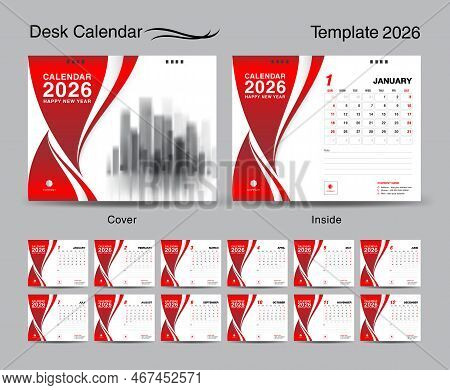 Desk Calendar 2026 Template Set And Red Wave Cover Design, Set Of 12 Months, Creative Calendar 2026 