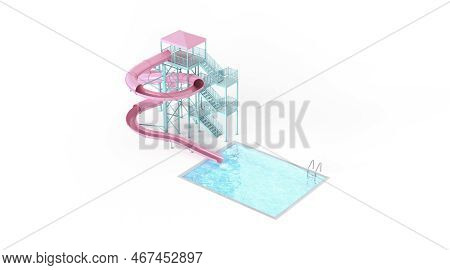 Blank Pink Waterslide With Swimming Pool Mockup, Top Side View, 3d Rendering. Empty Hotel Aqualoop F