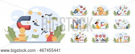 Attraction Of Potential Customers Set. Marketing Strategy For Business