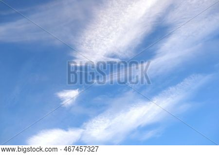 Beautiful Sky Landscape With White Calm Soft Fluffy Spindrift Clouds High In The Stratosphere On A S