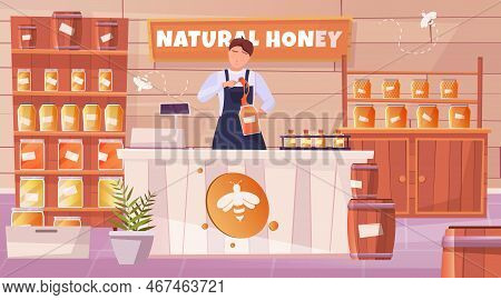 Honey Shop Flat Horizontal Composition With Salesman Standing Behind Counter Pouring Honey Into Jar 