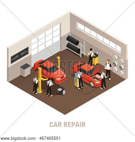 Car Repair Maintenance Autoservice Station Isometric Composition With Employees Fixing Two Cars In A