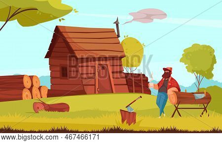 Lumberjack Coffee Break In Front Of Log Cabin House With Piles Sawn Wood Cartoon Composition Vector 