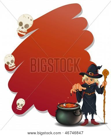 Illustrazione di una strega con una pentola magica e una canna su sfondo bianco