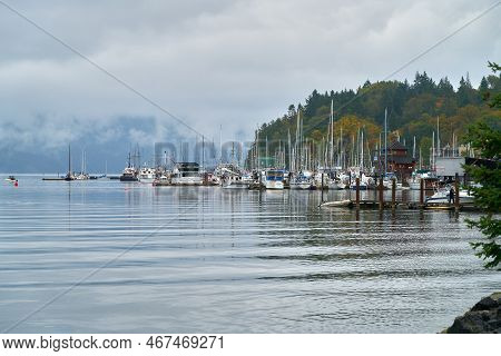 Cowichan Bay, British Columbia, Canada - October 4, 2019. Cowichan Bay Cool Morning Mist. A Misty Mo