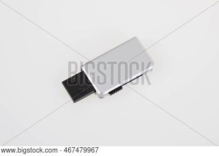 Silver Usb Stick Retractable Flash Grey Steel Modern Drive Pc On White Background