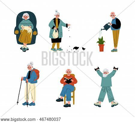 Senior Grey-haired Man And Woman Engaged In Different Activity Vector Set