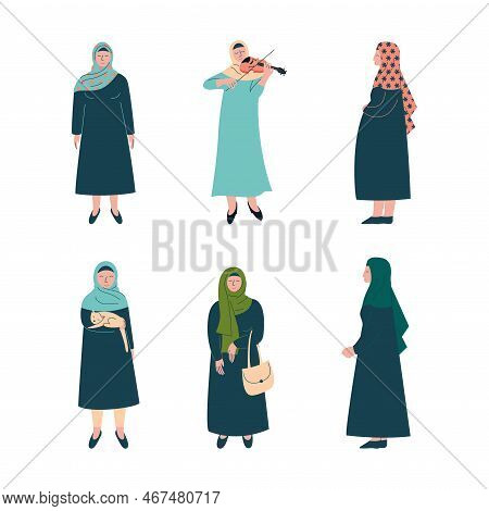 Muslim Woman In In Everyday Life Set. Arabic Women Character In Traditional Clothes And Hijab Cartoo