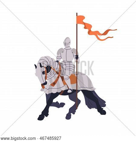Knight, Medieval Warrior Riding Horse. Armored Soldier Rider In Helmet And Metal Armour On Horseback