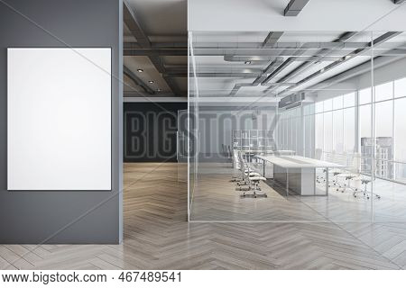 Blank White Poster On Grey Wall In Modern Interior Office Hall With Conference Room Behind Glass Par
