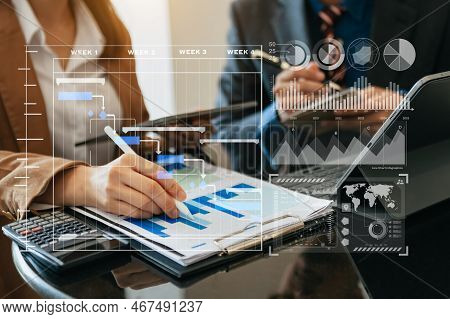 Businessman Hand Project Manager Working And Update Tasks And Gantt Chart Scheduling Virtual Diagram