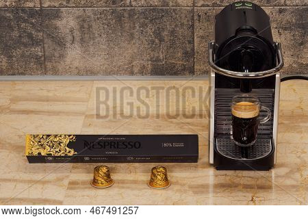 Thessaloniki, Greece - December 17 2022: Automatic Nespresso Original Machine For Espresso With Alum