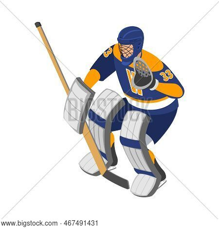 Ice Hockey Isometric Composition With Isolated Human Character In Uniform On Blank Background Vector