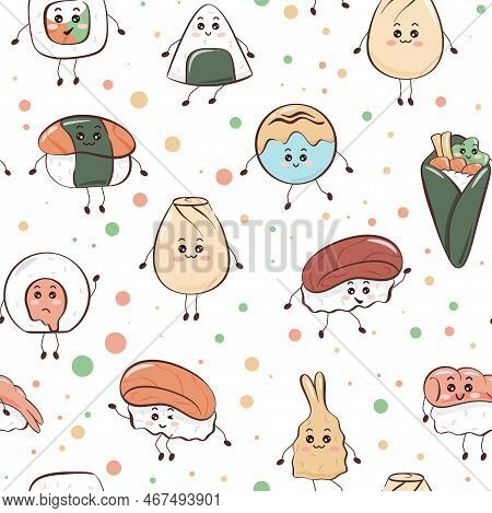 Kawaii Asian Food Seamless Pattern. Characters Sushi, Manju, Onigiri, Dim Sum Background. Funny Prin