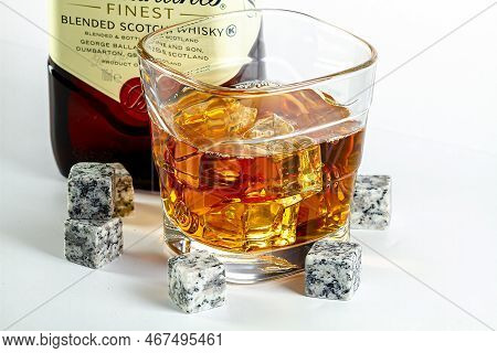 Israel. Rishon Lezion. 08 14 2021. A Bottle Of Ballantines Whiskey And A Glass Of Whiskey With Ice A