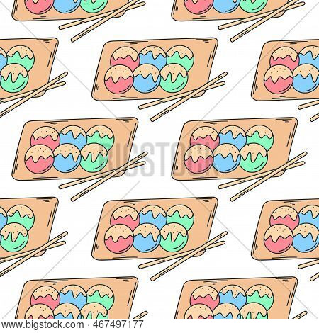Japanese Sweetness Dango Seamless Pattern. Rice Balls With Syrup Background. Asian Food Print For Te