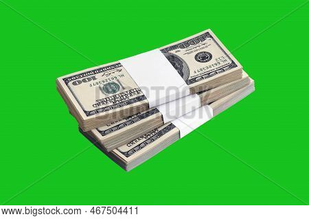 Bundle Of Us Dollar Bills Isolated On Chroma Keyer Green. Pack Of American Money With High Resolutio