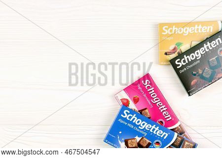 Kharkiv, Ukraine - December 18, 2020: Schogetten Chocolate Packs. Dark Chocolate Produced By Ludwig 