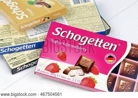 Kharkiv, Ukraine - December 18, 2020: Schogetten Chocolate Packs. Dark Chocolate Produced By Ludwig 