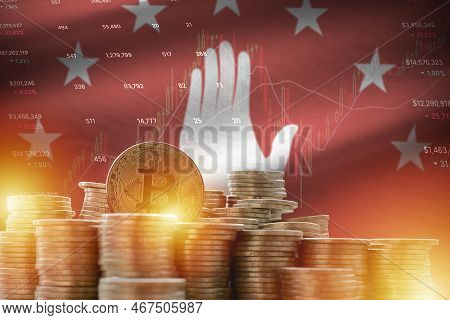 Abkhazia Flag And Big Amount Of Golden Bitcoin Coins And Trading Platform Chart. Crypto Currency Con