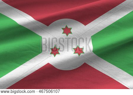 Burundi Flag With Big Folds Waving Close Up Under The Studio Light Indoors. The Official Symbols And