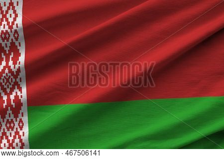 Belarus Flag With Big Folds Waving Close Up Under The Studio Light Indoors. The Official Symbols And