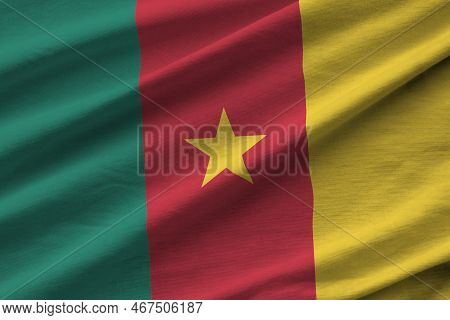 Cameroon Flag With Big Folds Waving Close Up Under The Studio Light Indoors. The Official Symbols An