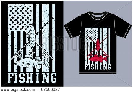 Usa Flag With Fishing T-shirt Design. T-shirt Gift For Fishing Lovers. American Flag Vector Fishing 
