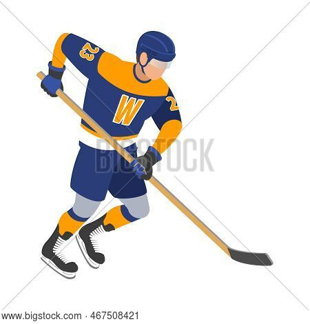 Ice Hockey Isometric Composition With Isolated Human Character In Uniform On Blank Background Vector