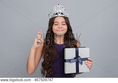 Child Princess In Crown Dreaming. Teenager Kid With Present Box. Teen Child Girl Giving Birthday Gif