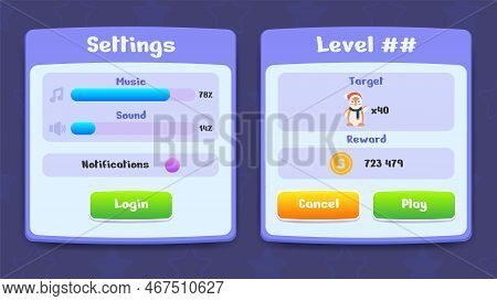 Settings And Level Menu Pop Up With Buttons And Icons. Set Of User Interface Gui To Build 2d Games. 