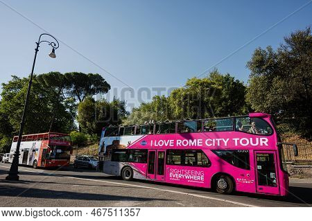 Rome, Italy - July 27, 2022: I Love Rome Citiy Tour Bus. Sightseenig Everywhere.