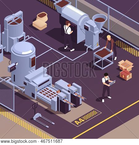 Chocolate Manufacturing Facility Realistic Isometric Element With Operators Controlling Cocoa Beans 