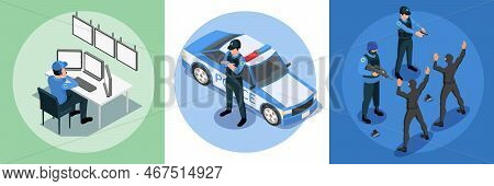 Police Security Isometric Design Concept Set Of Three Square Compositions With Guard Police Patrol D