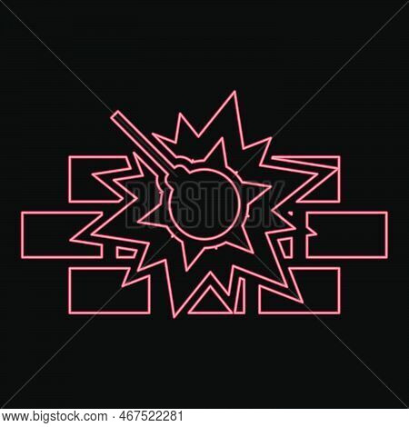 Neon Working Demolish Machine On Building Construction Destroying Brick Wall With Metal Ball Wreckin