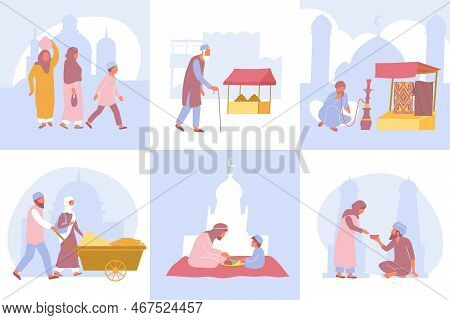 Compositions Of Some Scenes Of The Pastime Of Men And Women In An Arab City Flat Vector Illustration