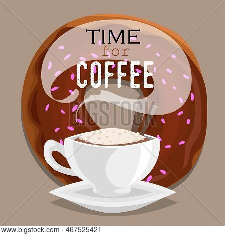 Coffee Shop Design Template. Cartoon Cappuccino With Cinnamon Sticks And Donut In The Back. Coffee T