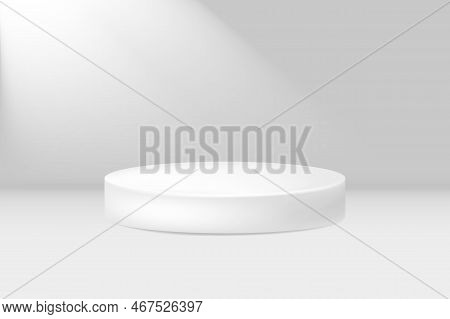 White 3d Round Podium Vector Illustration. Stage Background. Round Pedestal. Stage Podium With Light