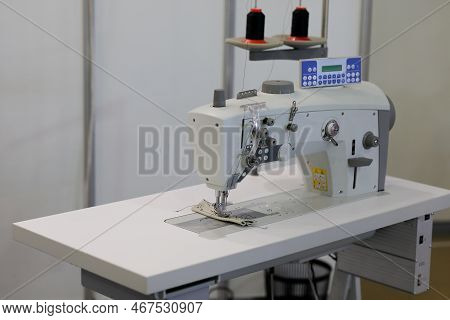Lockstitch Flatbed Single Needle Industrial Sewing Machine. Selective Focus.