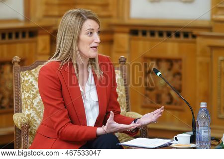 Bucharest, Romania - December 19, 2022: Roberta Metsola, President Of The European Parliament, Meets