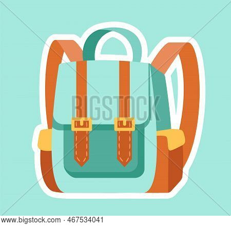 Cute Backpack Icon. Stylish And Fashionable Green Bag With Brown Leather Straps. Trend And Promotion