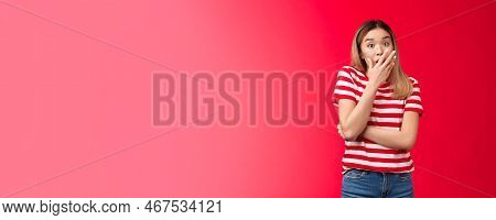 Shocked Asian Blond Girl Feel Empathy Hear Shocking News Gasping, Woman Drop Jaw Cover Opened Mouth 