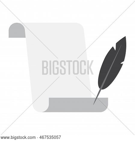 Paper Scroll Feather. Empty White Scroll Paper With Feather. Vector Illustration. Stock Image.