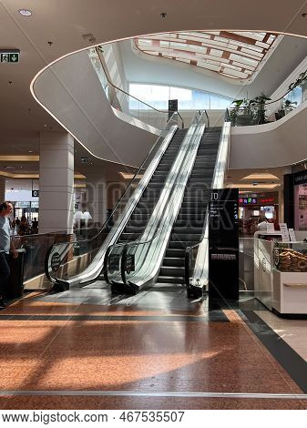 Warsaw, Poland - July 18, 2022: Shopping Mall Westfield Arkadia With Modern Escalators